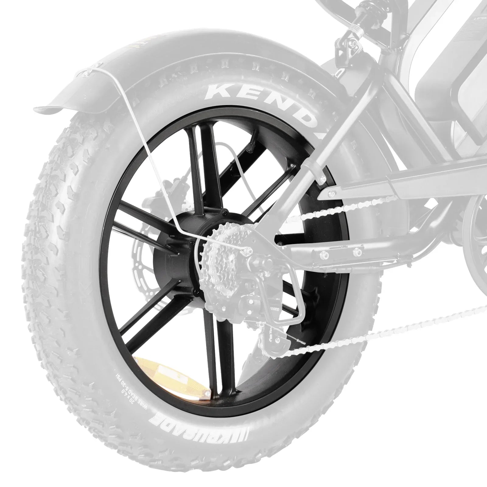 Close-up of fat tire electric bike rear wheel with disc brake and Kenda tire