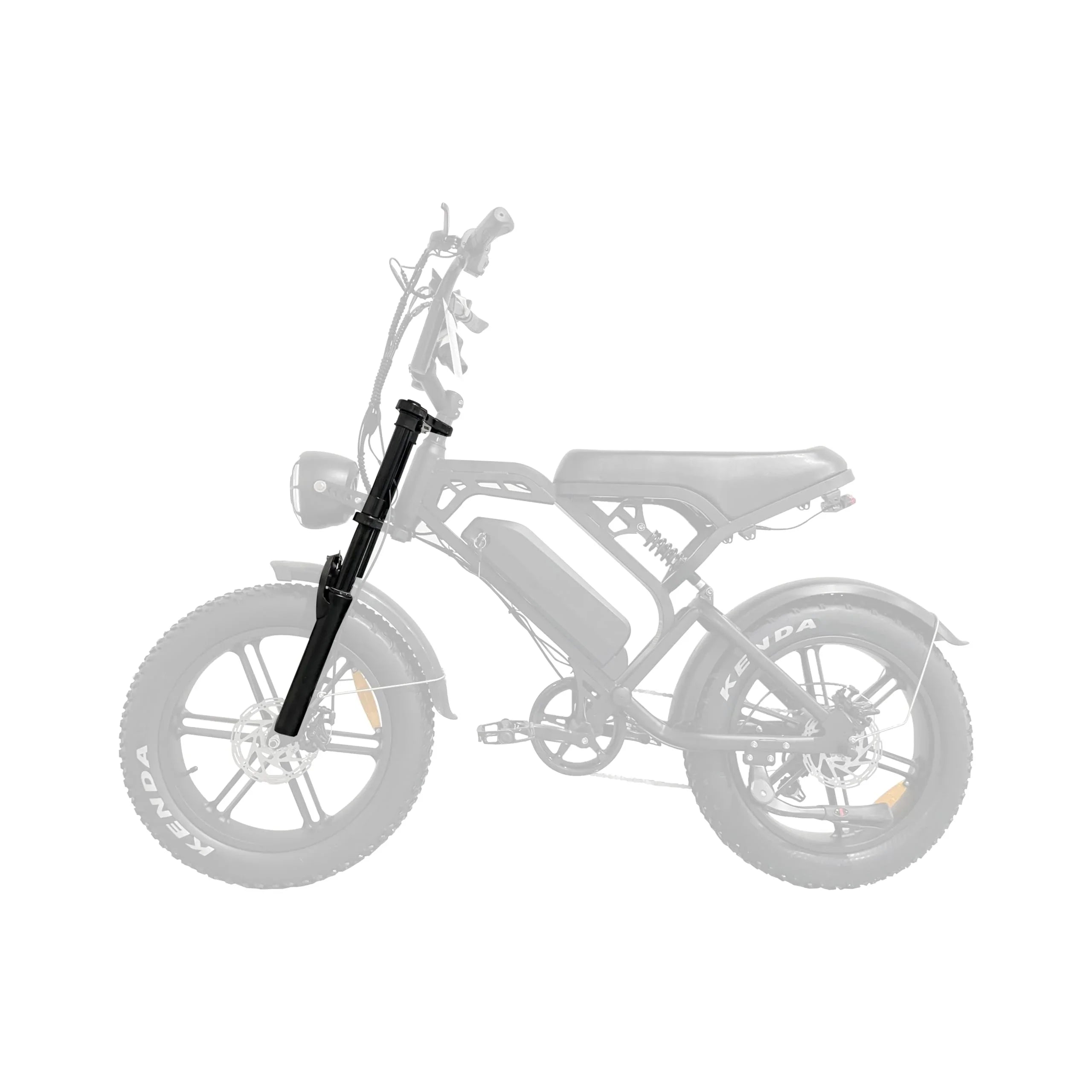 Front suspension fork for electric bike, isolated on white background