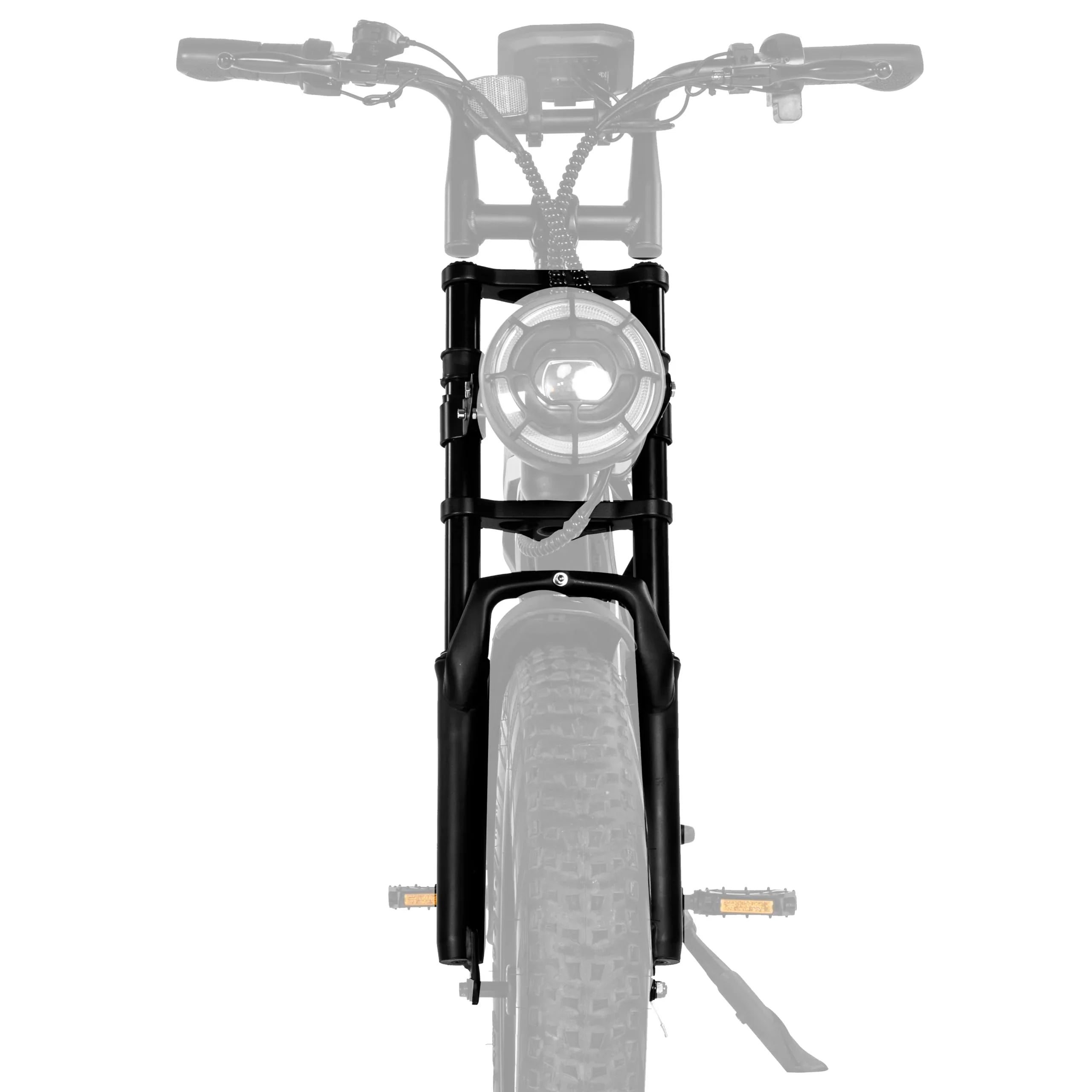 Front suspension fork and headlight for fat tire electric bike, close-up view