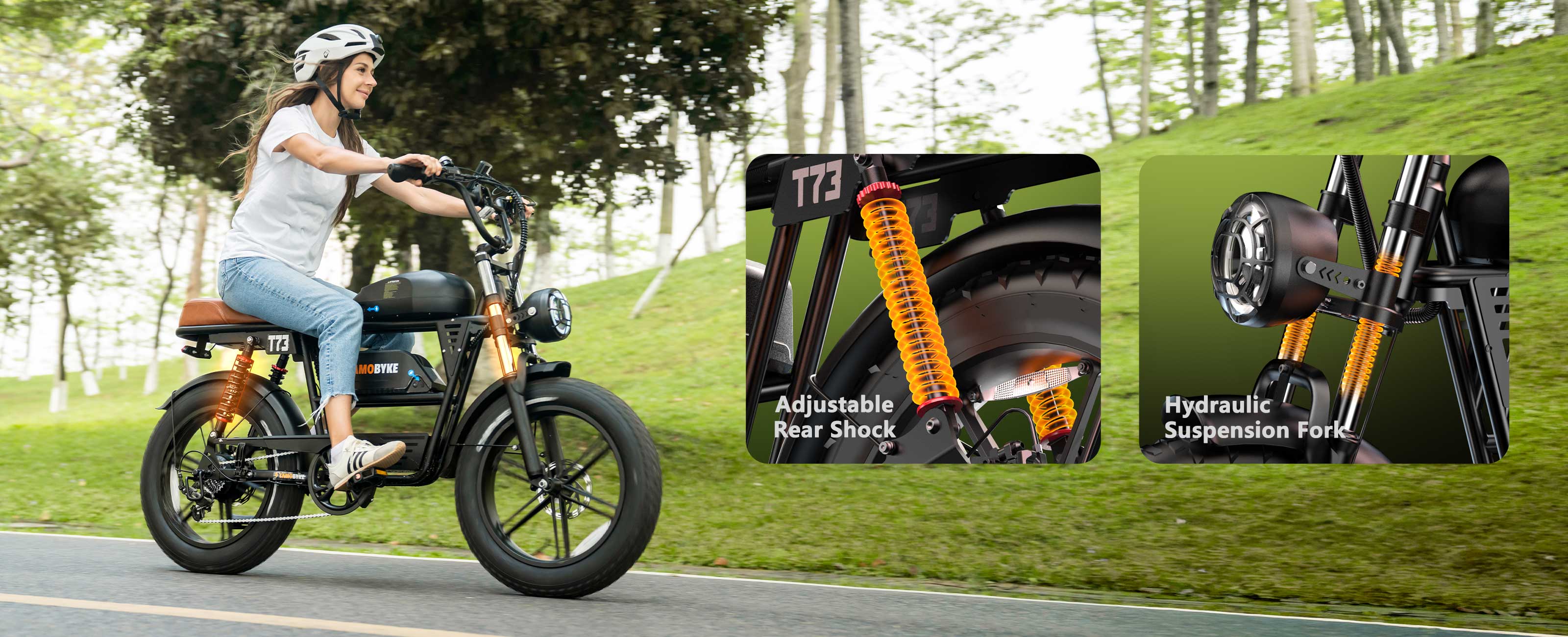 Tamobyke T73 Max e-bike with close-ups of the adjustable rear shock and hydraulic suspension fork, highlighting the orange spring details.