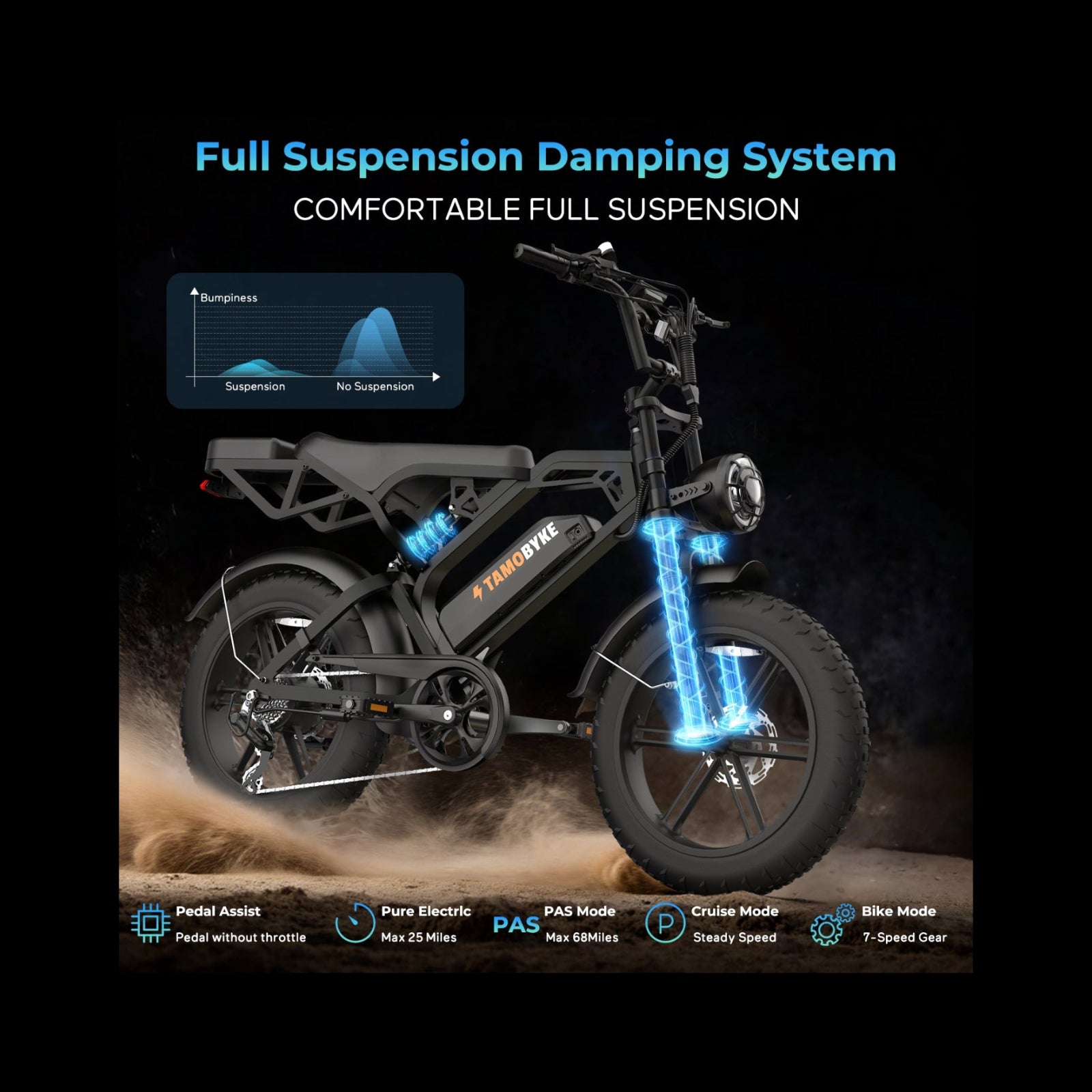 TamobykeV20 dual suspension electric bike with front suspension fork and rear shock absorber for off-road comfort.
