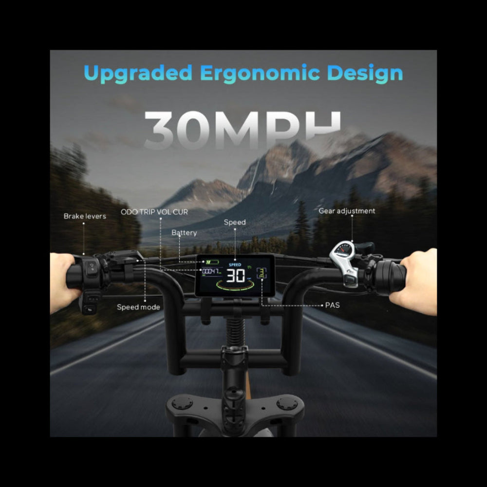 TamobykeV20 electric bike reaching 30MPH with upgraded ergonomic handlebars and smart LCD display.