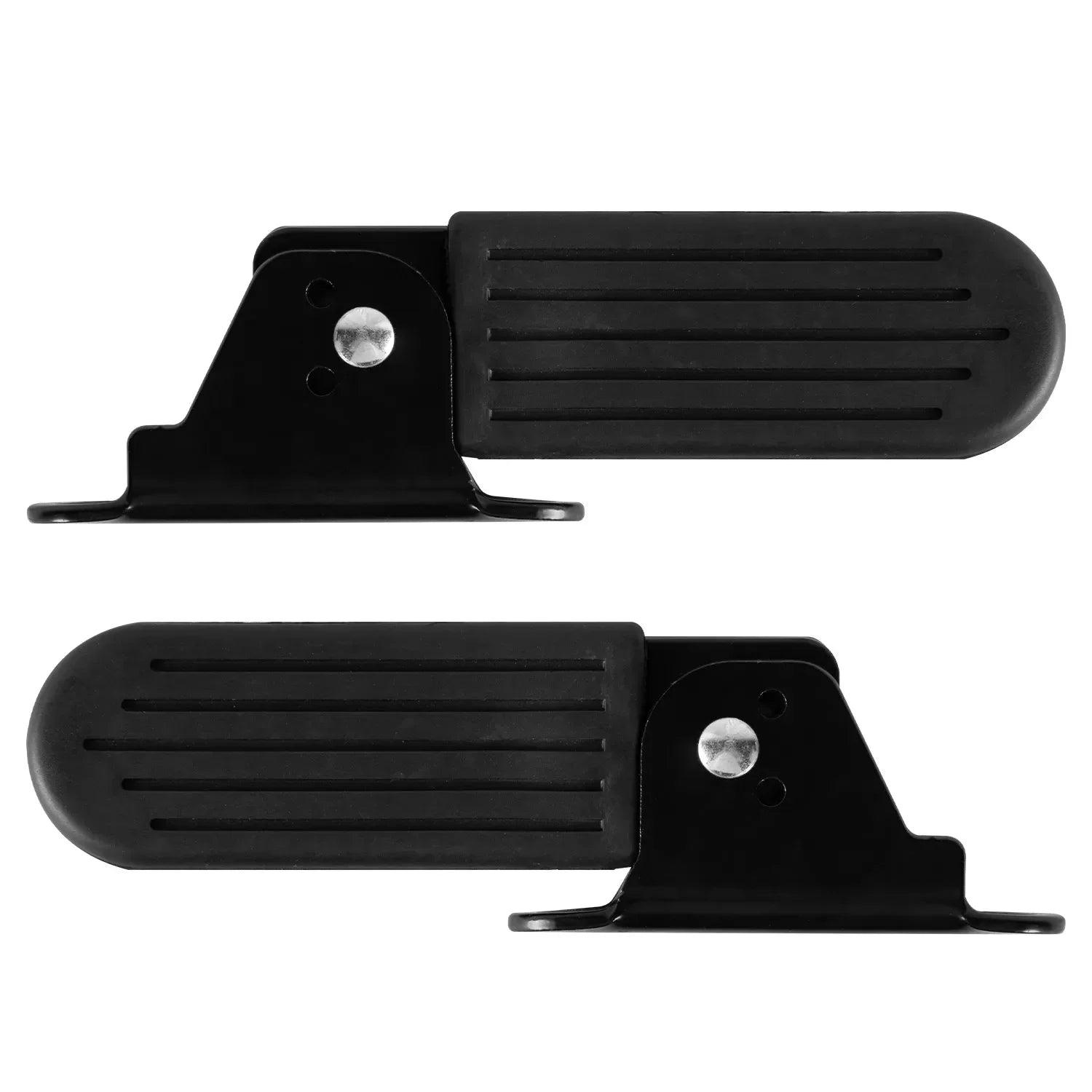 Pair of black folding foot pegs for electric bike, side view, on white background