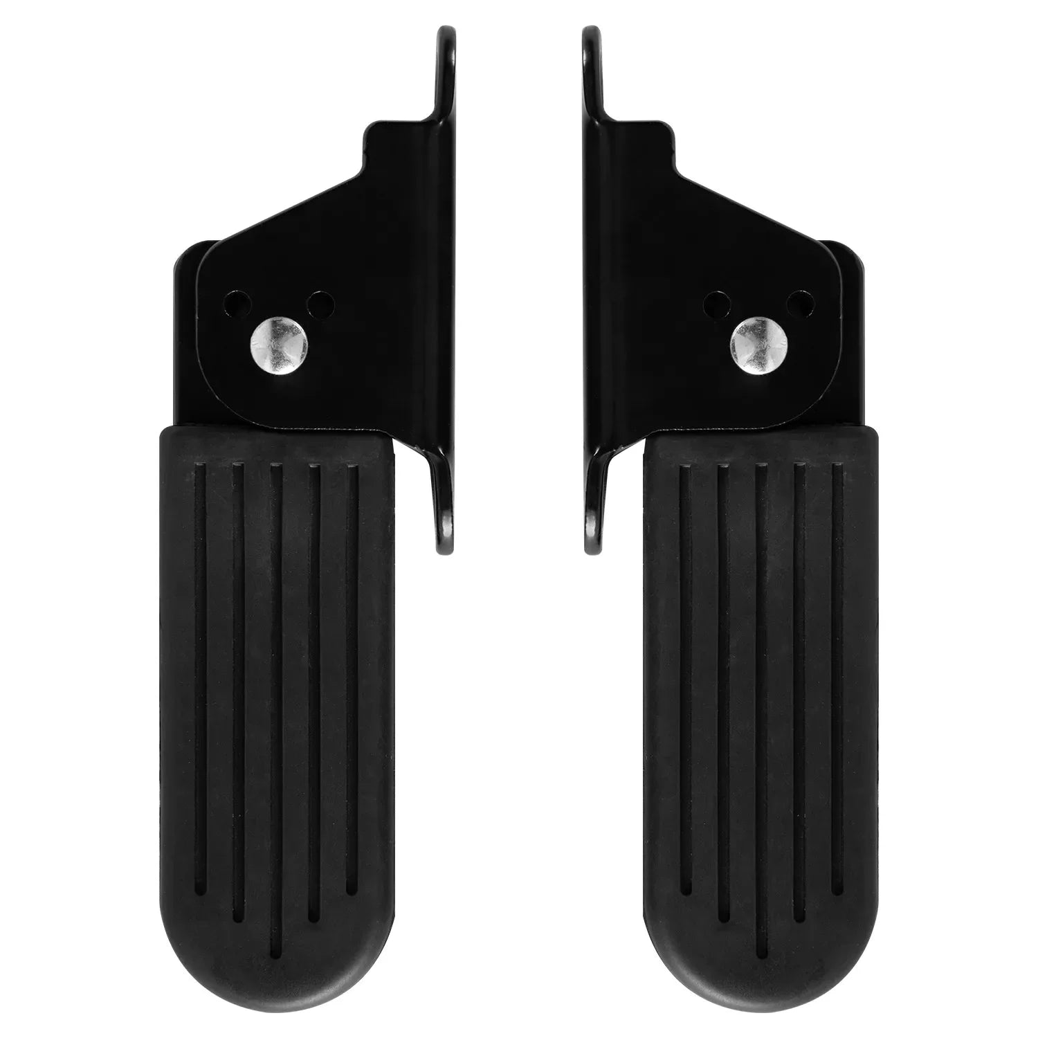 Pair of black electric bike foot pegs with textured surface on white background