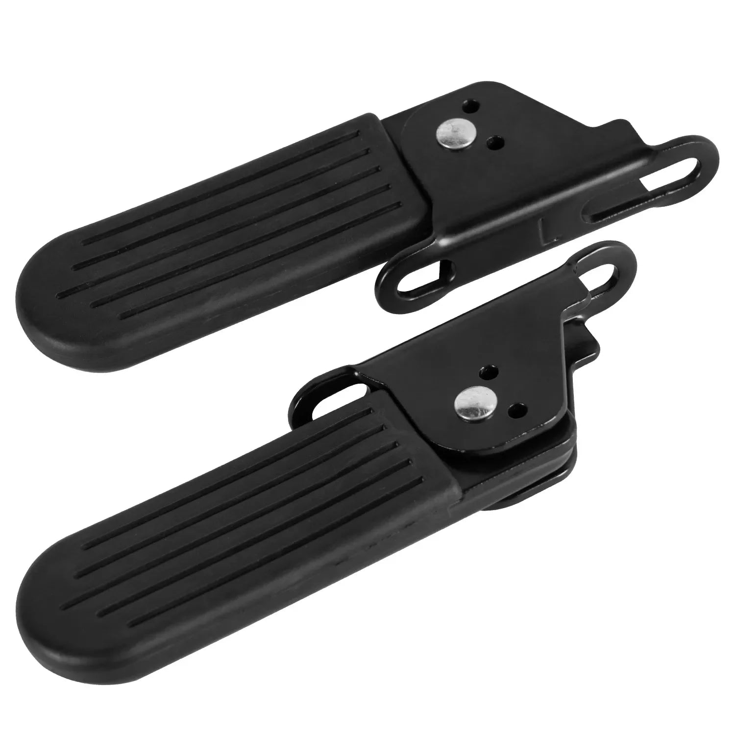 Pair of black foldable bicycle foot pegs with ribbed non-slip surface, isolated on white