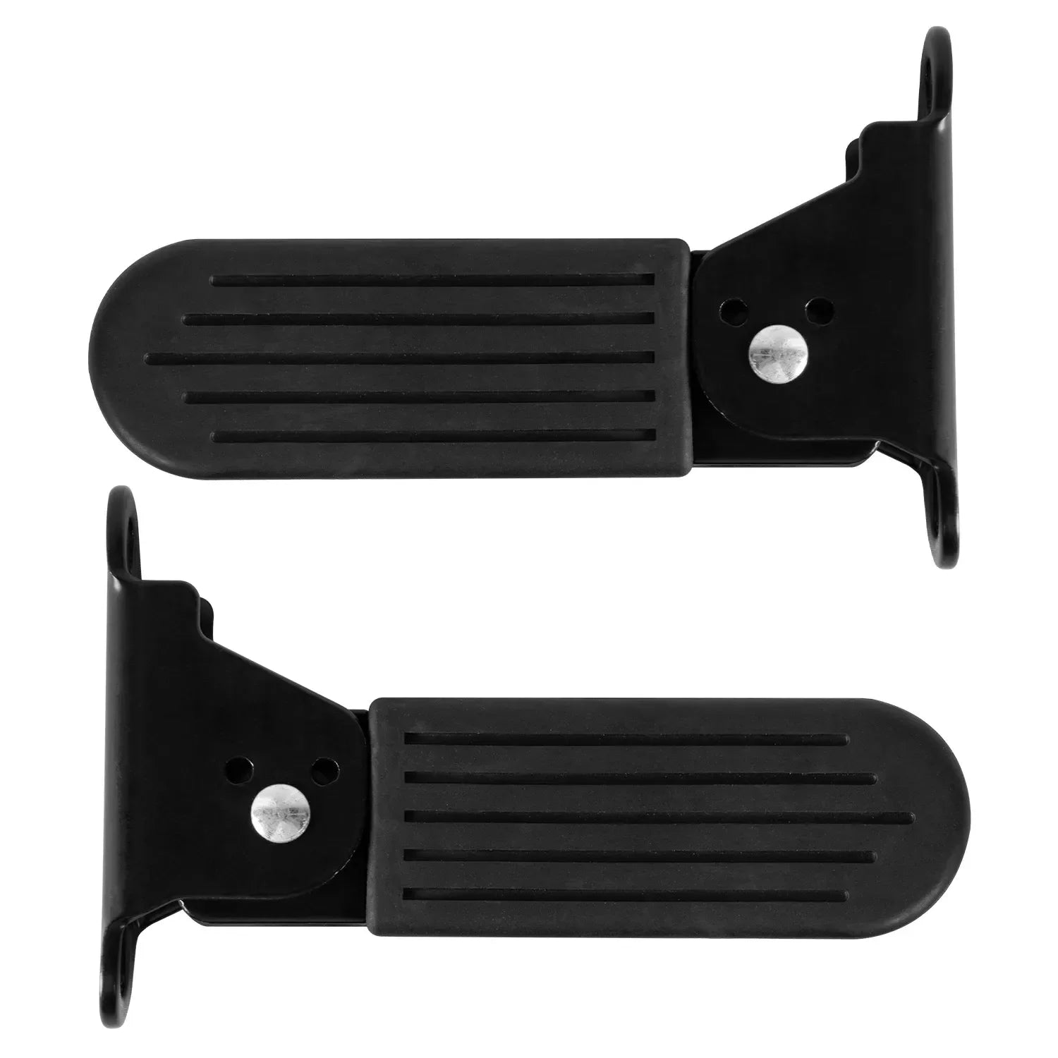 Pair of black foldable bike foot pegs with grooved surface, isolated on white background.