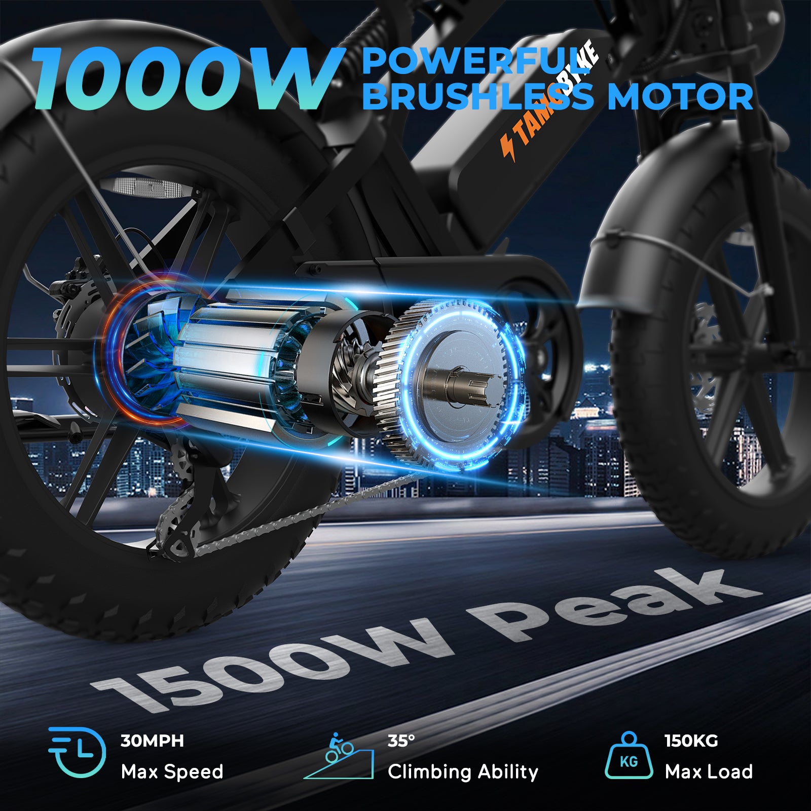 TamobykeV20 high torque electric bike featuring a 1500W peak brushless motor, fat tires, and 150kg max load capacity