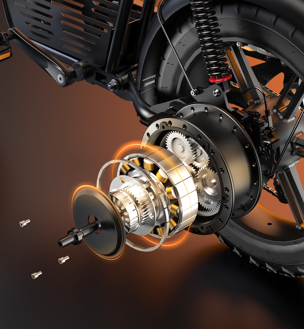 High torque 1500W electric bike motor and drivetrain for 33 MPH top speed and steep hill climbing performance. 