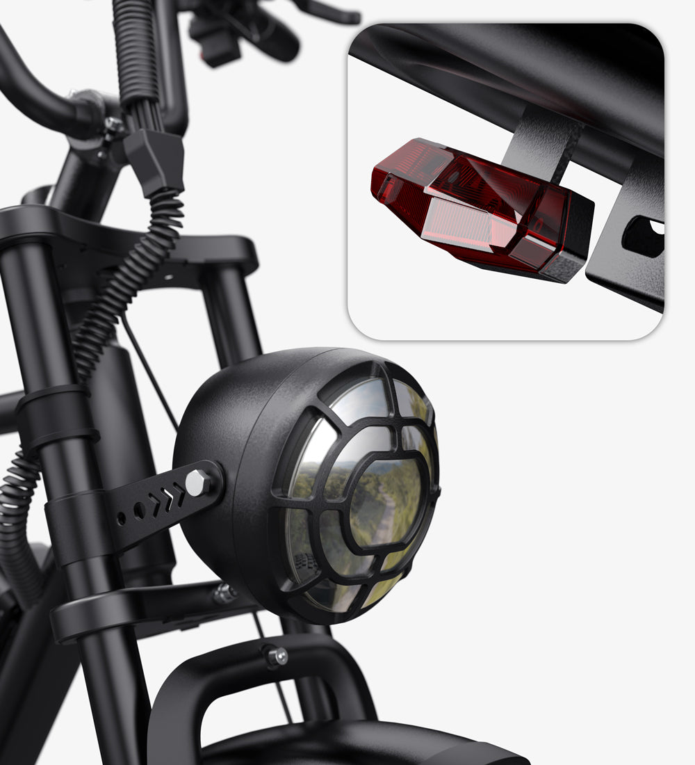 Tamobyke T60 electric bike smart lighting system featuring a bright front headlight and rear steering light under the seat