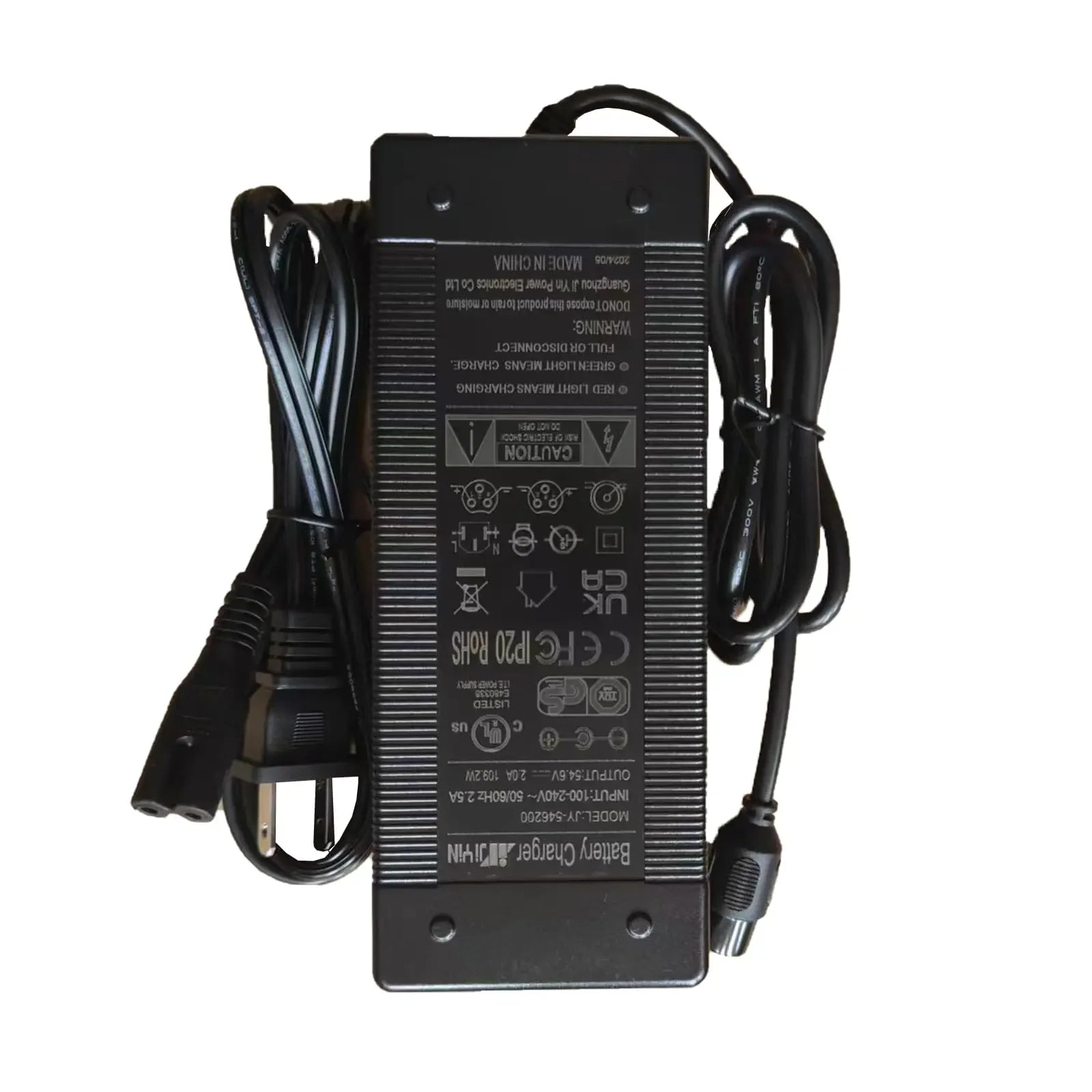 Electric bike battery charger with cables, black rectangular power adapter