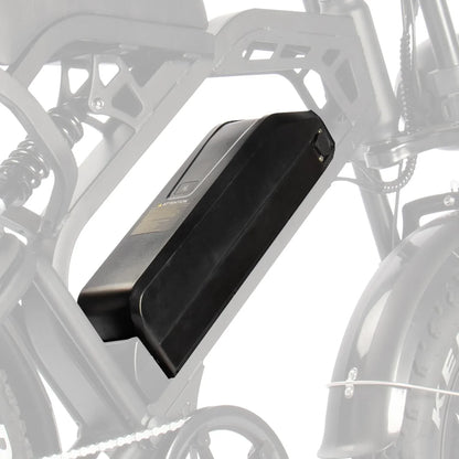 Removable black electric bike battery mounted on e-bike frame