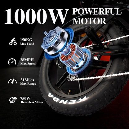 Tamobyke V20 4.0 Electric Bike for Adults 1000W Motor,48V 15.6 Removable Battery 20” Fat Tire Ebike, 28MPH Top Speed Electric Motorcycle, 7 Speed Off Road Mountain Electric Dirt Bike, UL2849