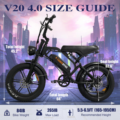 Tamobyke V20 Electric Bike - 1000W Motor, 20'' Fat Tire, 28MPH Speed, 30-75 Miles Range