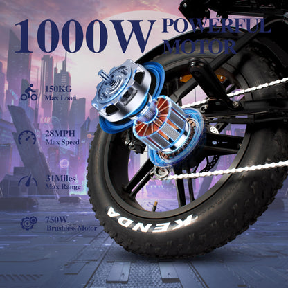Tamobyke V20 Electric Bike - 1000W Motor, 20'' Fat Tire, 28MPH Speed, 30-75 Miles Range