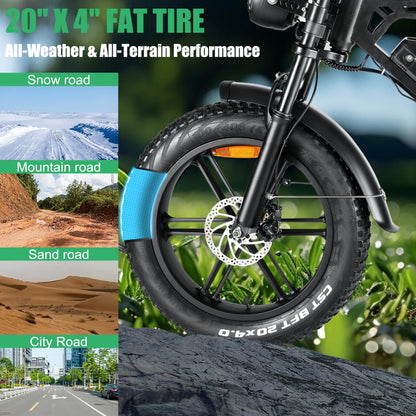 Tamobyke V20 3.0 Ebike 1000W-1500W Brushless Motor, 48V/15Ah Lithium Battery, 20" x4.0 Fat Tire Electric Bike, Snow, Road, Mountain Electric Bicycle