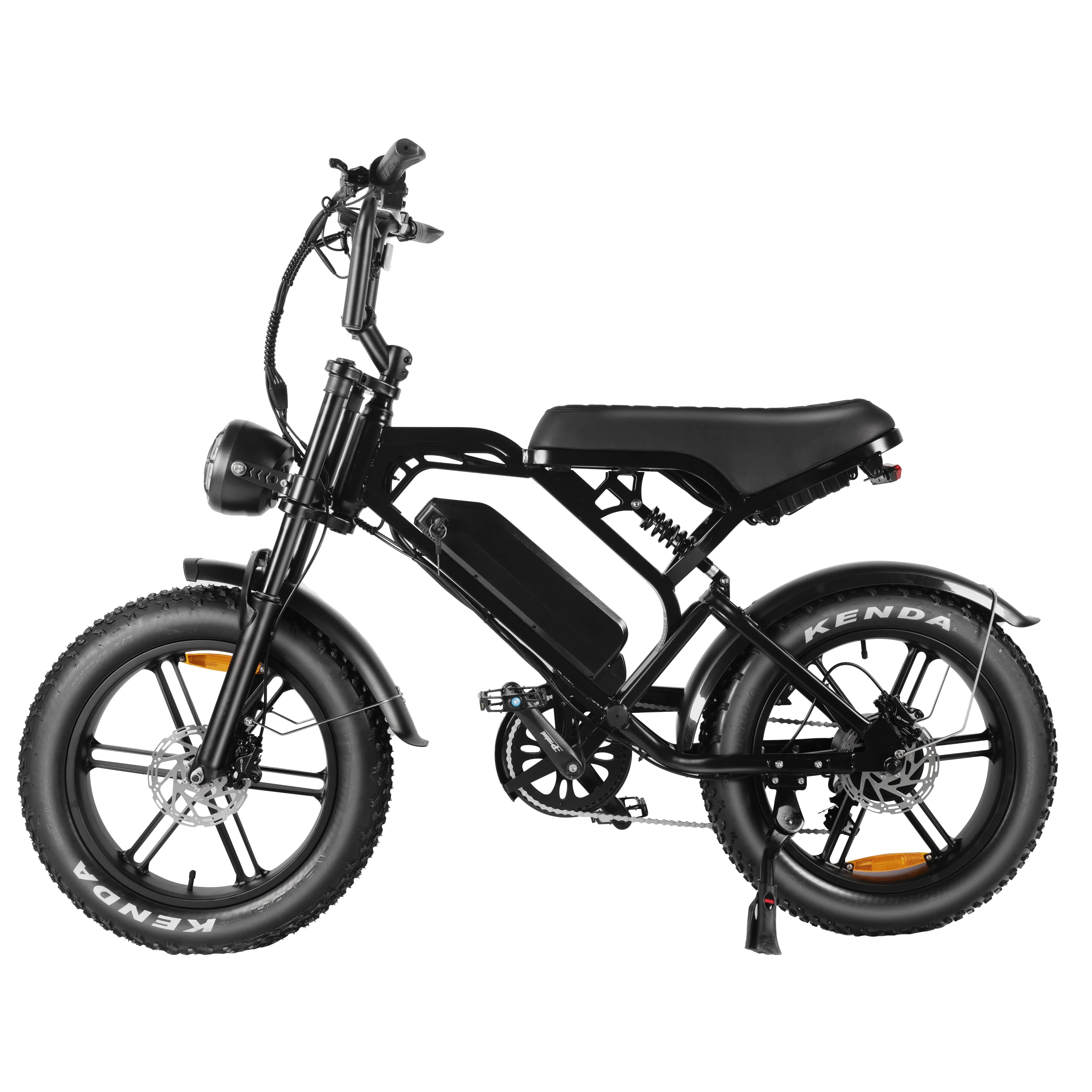 Black electric bike with fat tires and front headlight on a white background