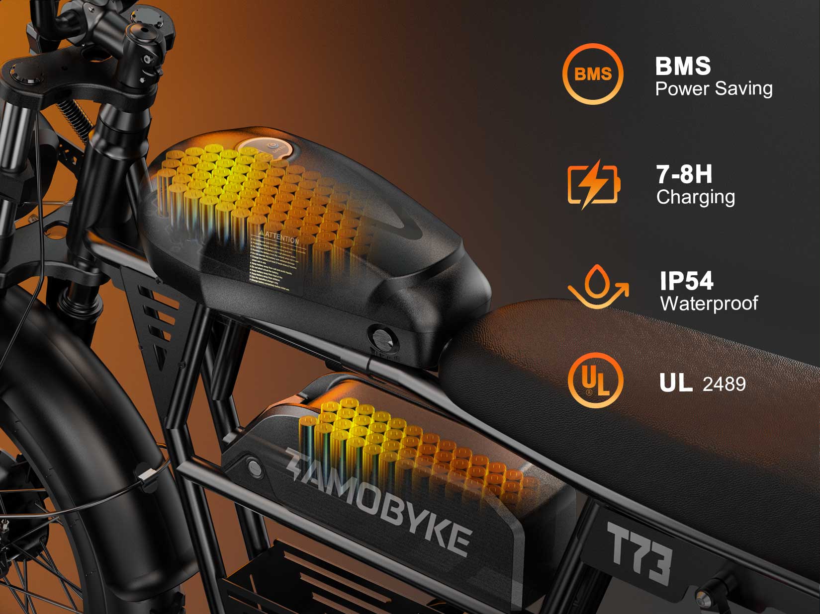 T73 Max / Pro Max dual battery e-bike with 48V 20.8Ah & 15.6Ah UL certified batteries for up to 120 miles long range
